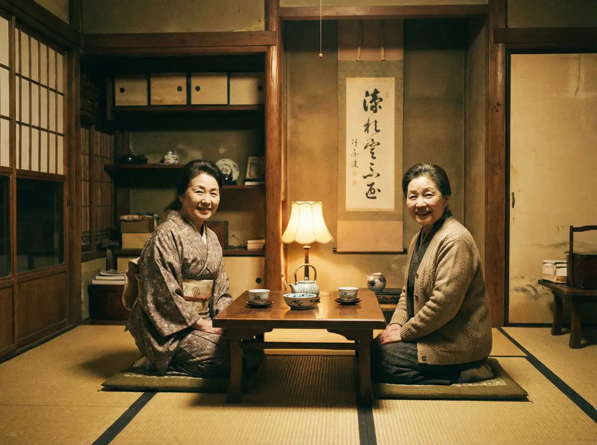 两位优雅的 春暖花开 亚洲专区 在日式茶室中品茶交谈